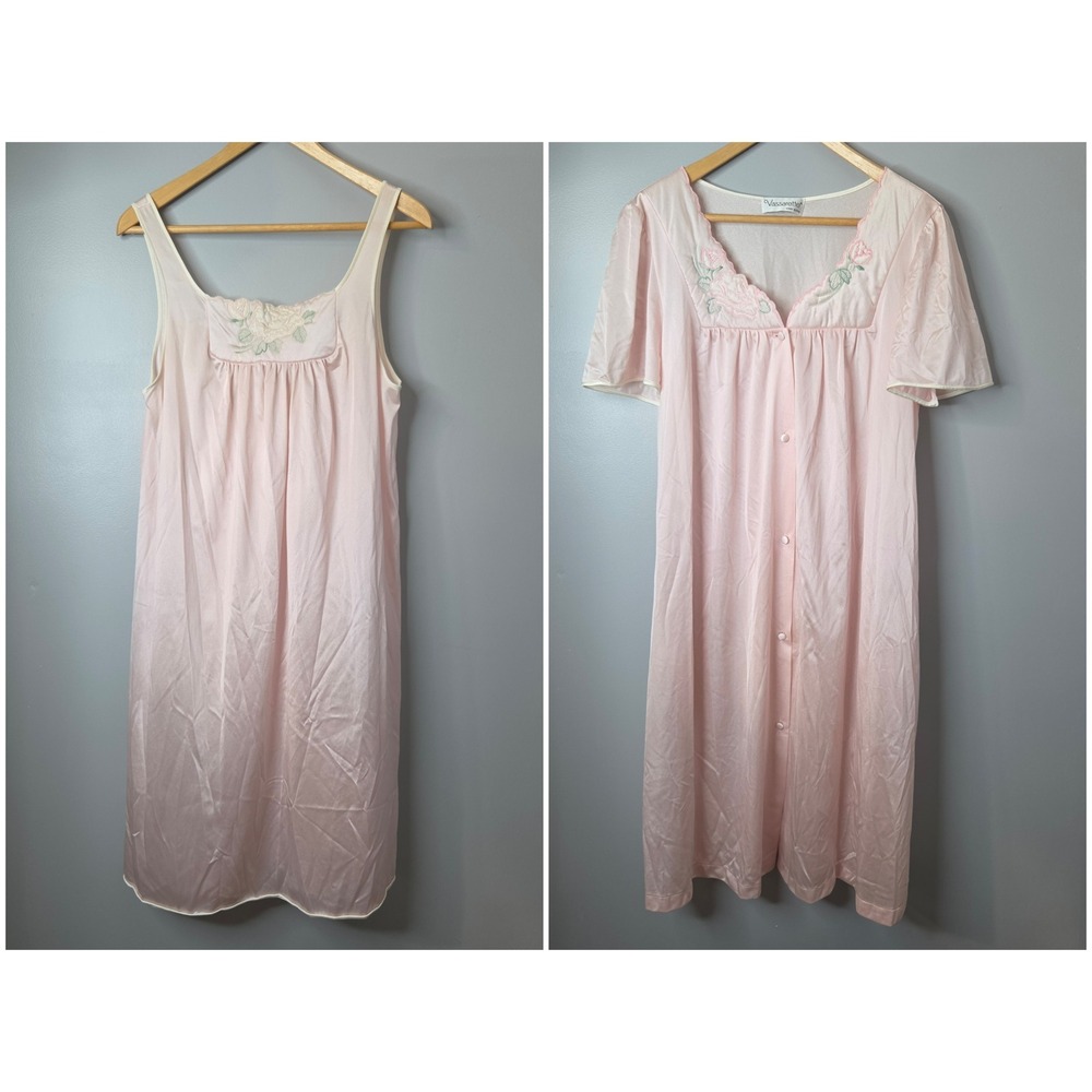 Vassarette Vintage Pink Nightgown Robe Set Floral Embroidery Made in USA Small